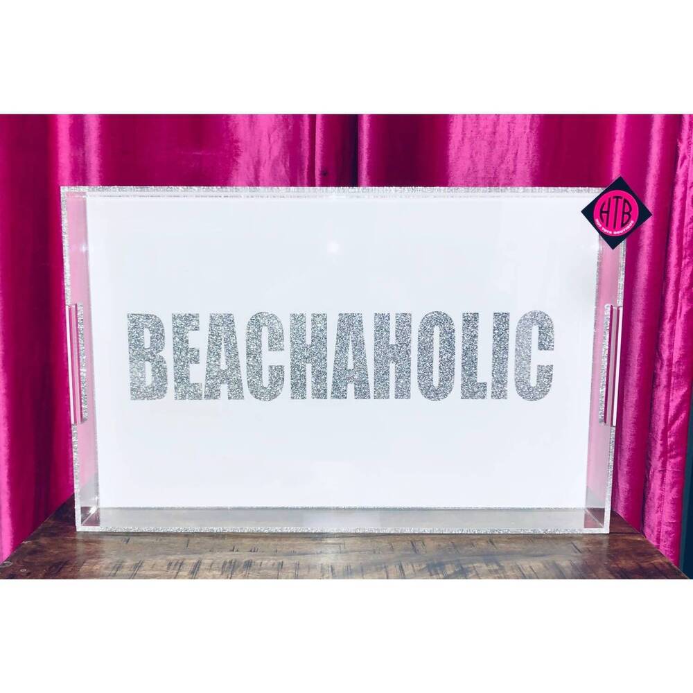 NEW HAMLET PRODUCTS beachaholic tray - 14 x 22 in silver glitter